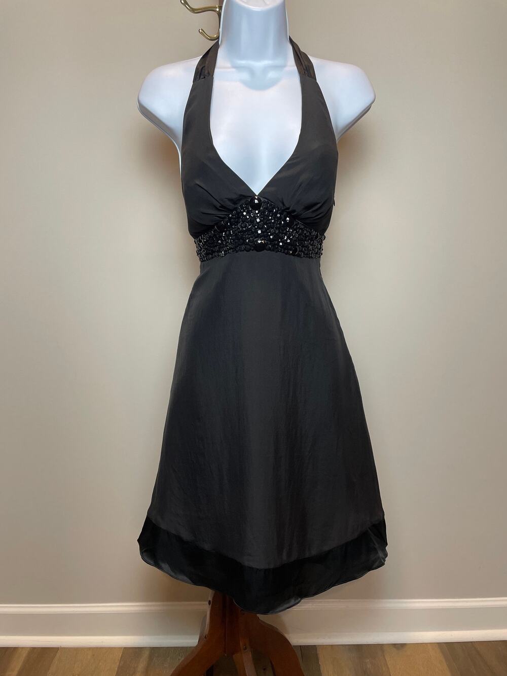White House Black Market Dress Size 4 Black Silk Embellished Halter A‑Line Y2K